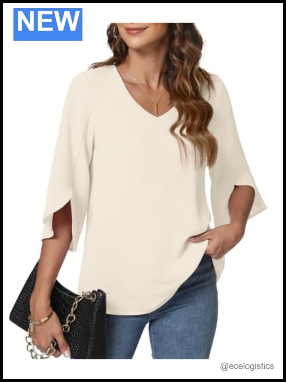Dressy Casual 3/4 Sleeve V Neck Blouse Business Work Top
